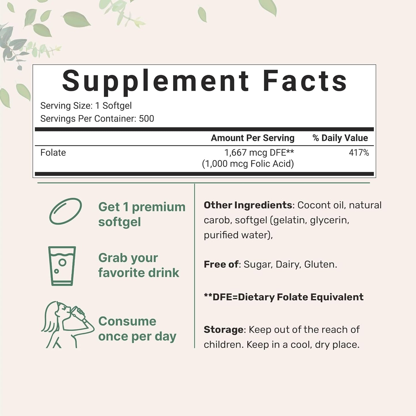 Folic Acid 1,000mcg with Coconut Oil Softgels - Essential Prenatal Vitamins - Third Party Tested, Non-GMO, Gluten Free
