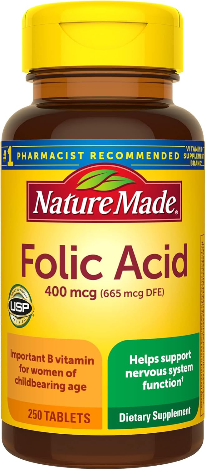 Folic Acid 400 mcg Supplement for Nervous System Function - 250 Tablets