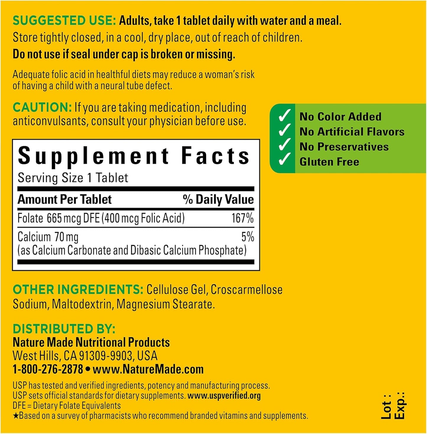 Folic Acid 400 mcg Supplement for Nervous System Function - 250 Tablets