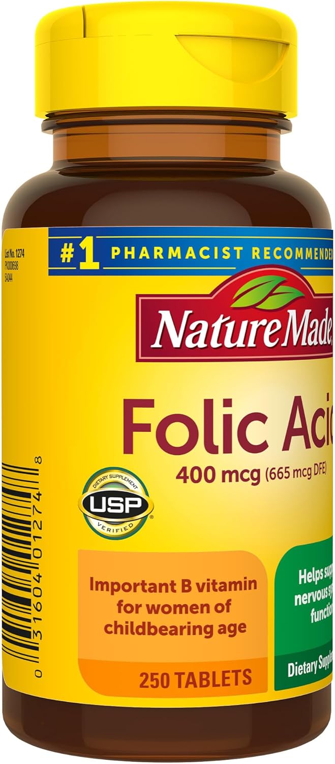 Folic Acid 400 mcg Supplement for Nervous System Function - 250 Tablets