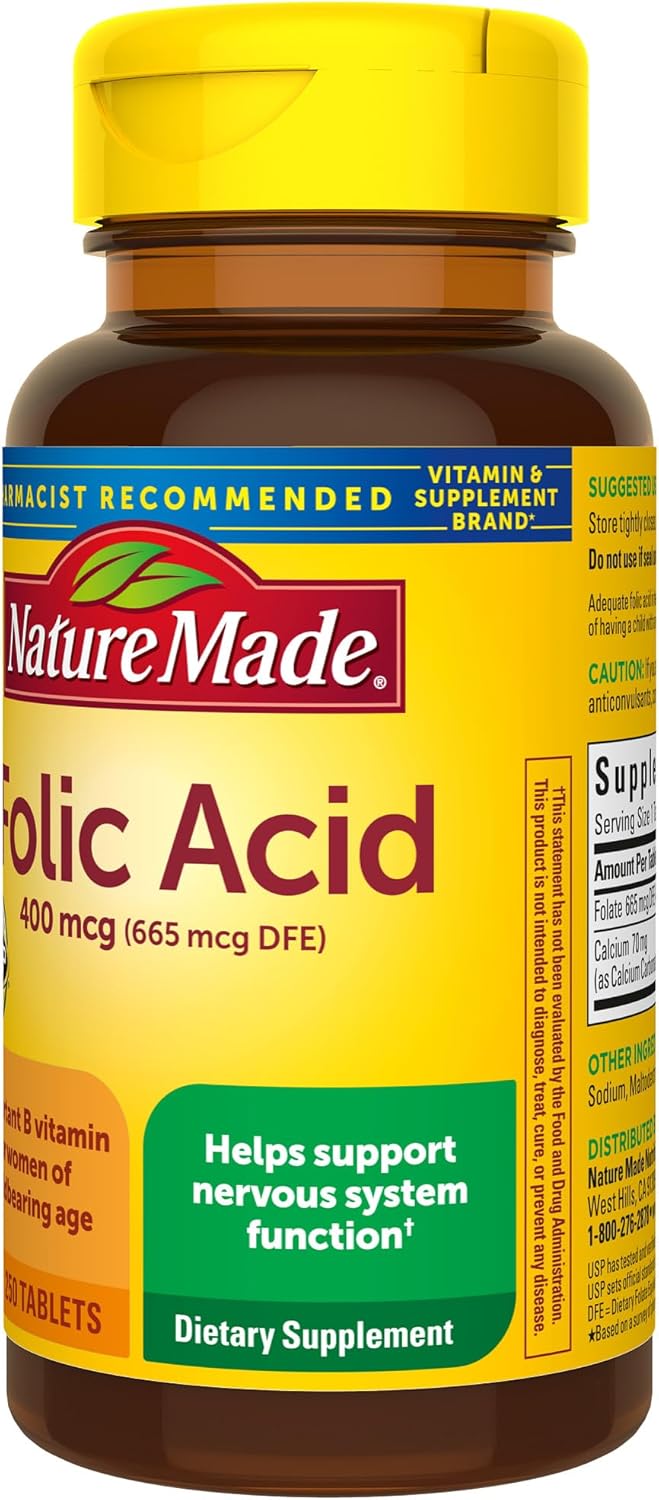 Folic Acid 400 mcg Supplement for Nervous System Function - 250 Tablets