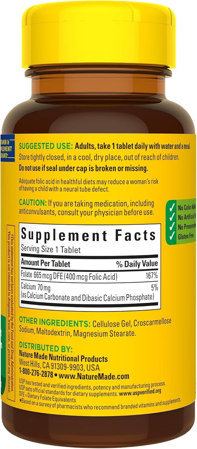 Folic Acid 400 mcg Supplement for Nervous System Function - 250 Tablets