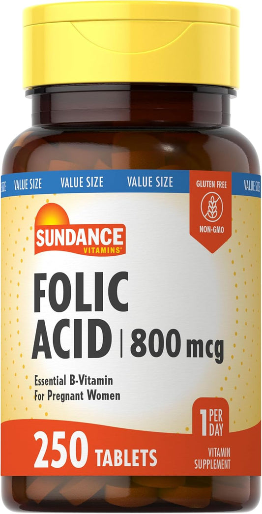 Folic Acid 800 mcg | 250 Vegetarian Tablets | Non-GMO Gluten Free B-Vitamin Supplement for Overall Health