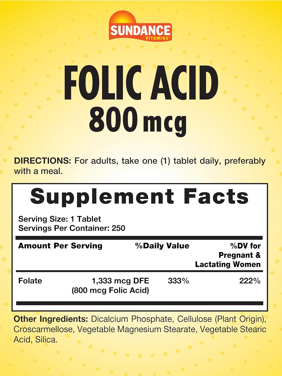 Folic Acid 800 mcg | 250 Vegetarian Tablets | Non-GMO Gluten Free B-Vitamin Supplement for Overall Health