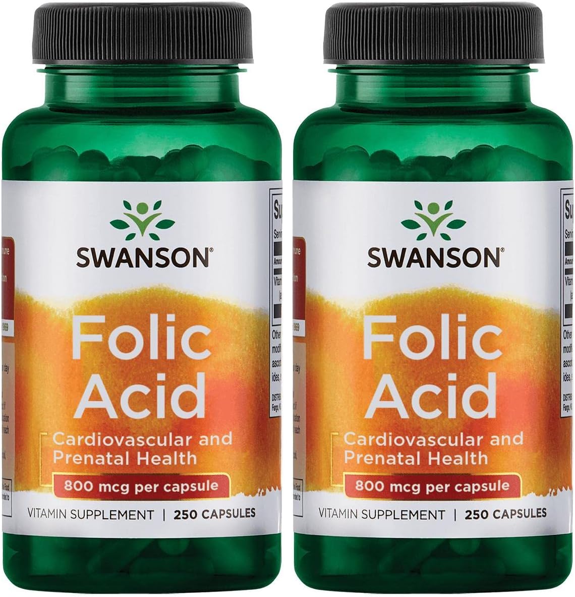 Folic Acid 800 mcg Supplement - 250 Capsules (2 Pack) - High Potency Folate Formula with Vitamin Dfe