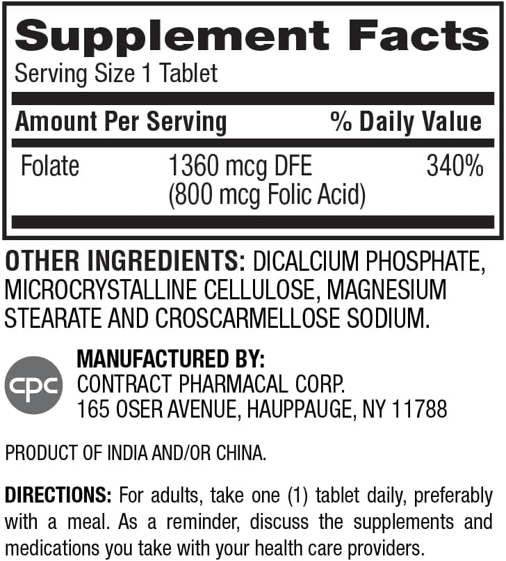 Folic Acid 800 mcg Supplement for Heart & Women's Health - 400 Tablets, Smooth Coated Formula