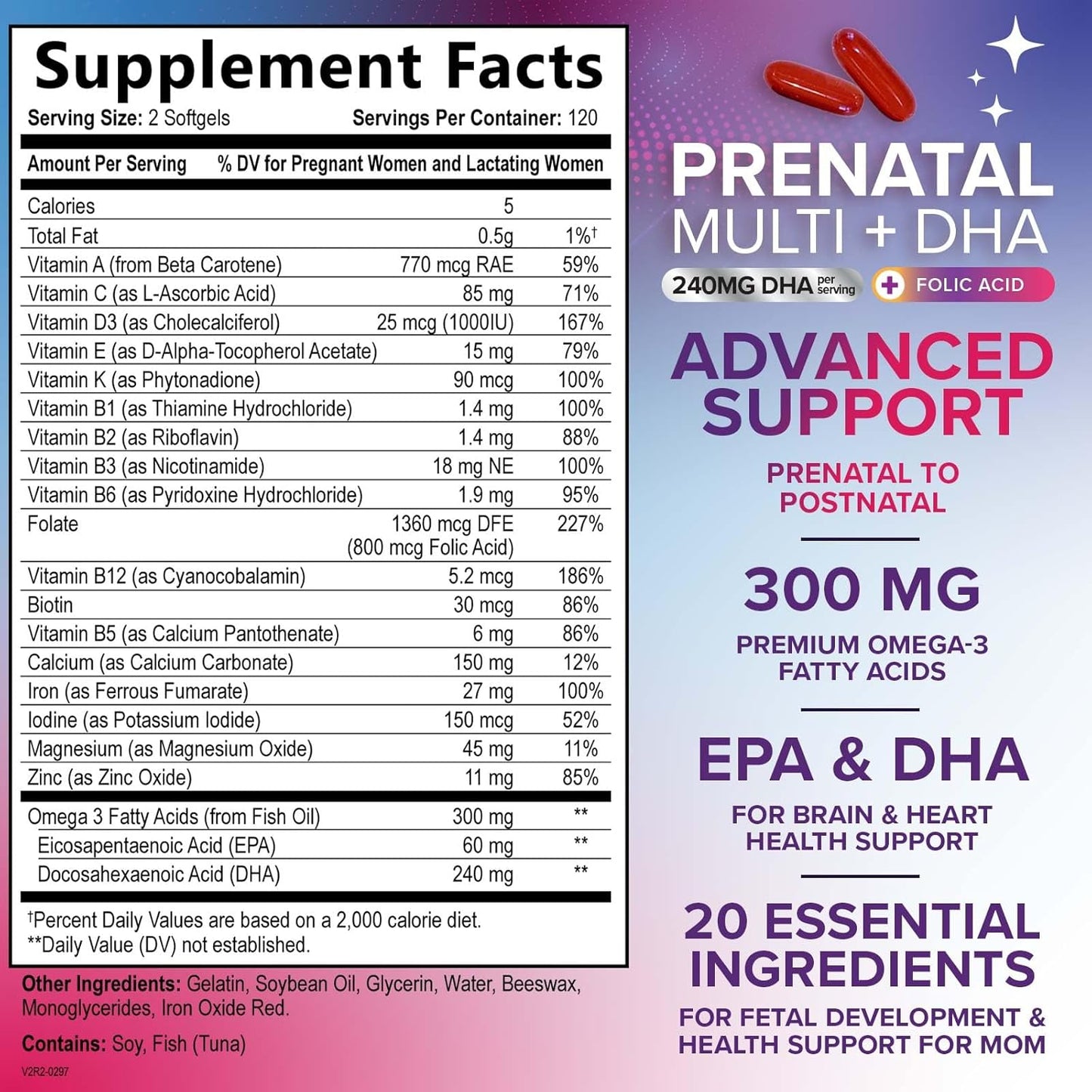 Folic Acid + DHA Prenatal Multivitamin for Women, 240 Softgels - Folate, Omega 3, Vitamins D3, B6, B12 & Iron - Pregnancy Support