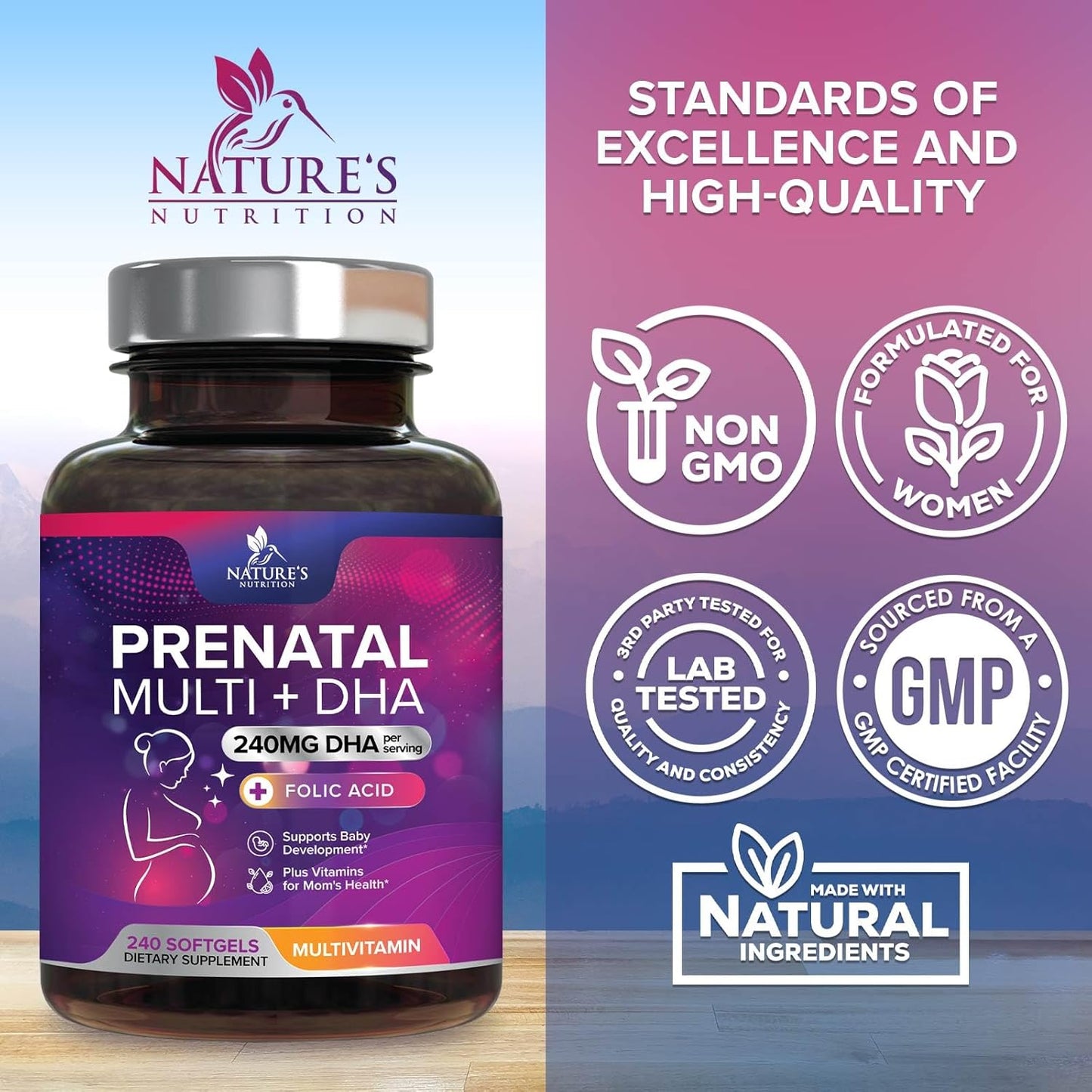 Folic Acid + DHA Prenatal Multivitamin for Women, 240 Softgels - Folate, Omega 3, Vitamins D3, B6, B12 & Iron - Pregnancy Support