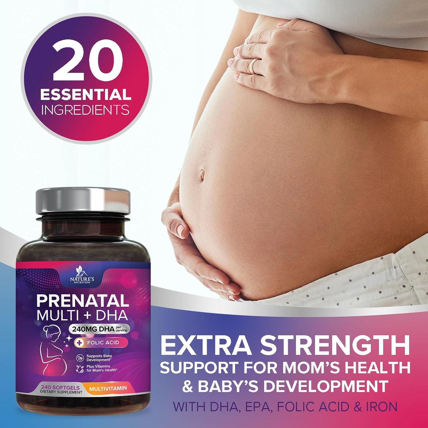 Folic Acid + DHA Prenatal Multivitamin for Women, 240 Softgels - Folate, Omega 3, Vitamins D3, B6, B12 & Iron - Pregnancy Support