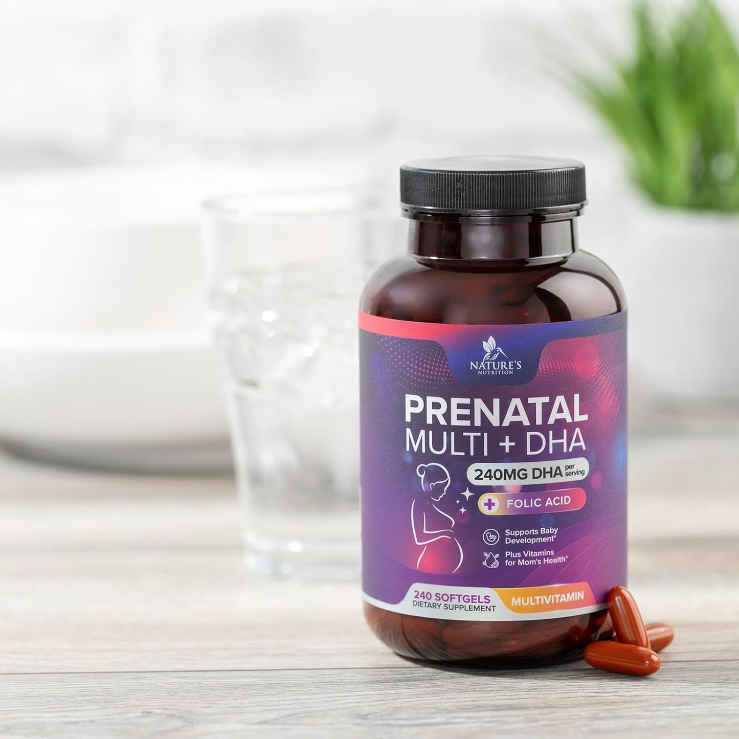 Folic Acid + DHA Prenatal Multivitamin for Women, 240 Softgels - Folate, Omega 3, Vitamins D3, B6, B12 & Iron - Pregnancy Support