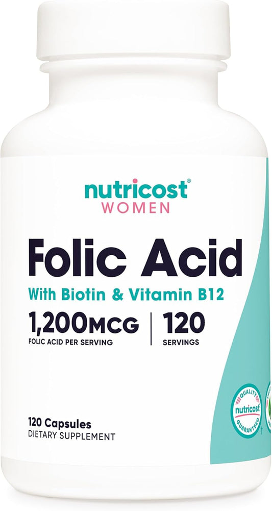 Folic Acid for Women 1200 mcg Capsules with B12 & Biotin - Non-GMO & Gluten Free Veggie Caps