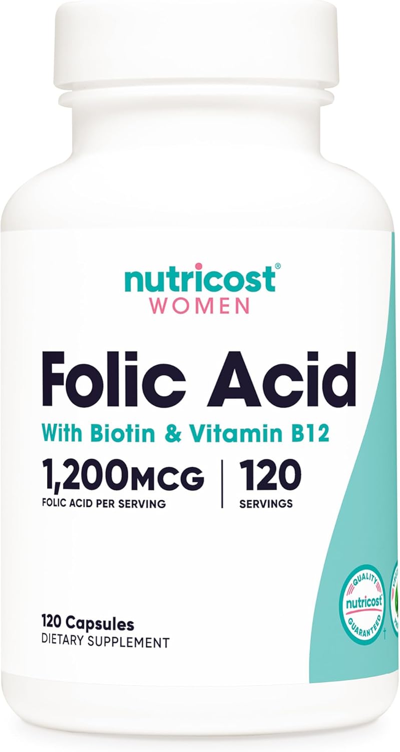 Folic Acid for Women 1200 mcg Capsules with B12 & Biotin - Non-GMO & Gluten Free Veggie Caps