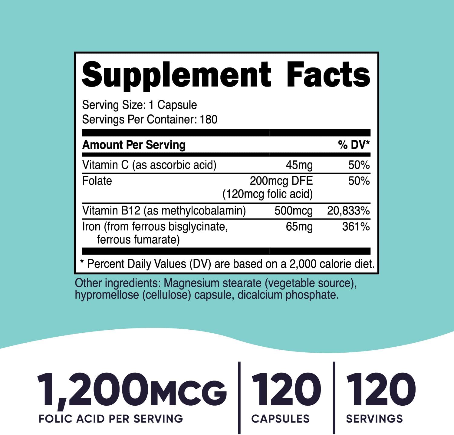 Folic Acid for Women 1200 mcg Capsules with B12 & Biotin - Non-GMO & Gluten Free Veggie Caps