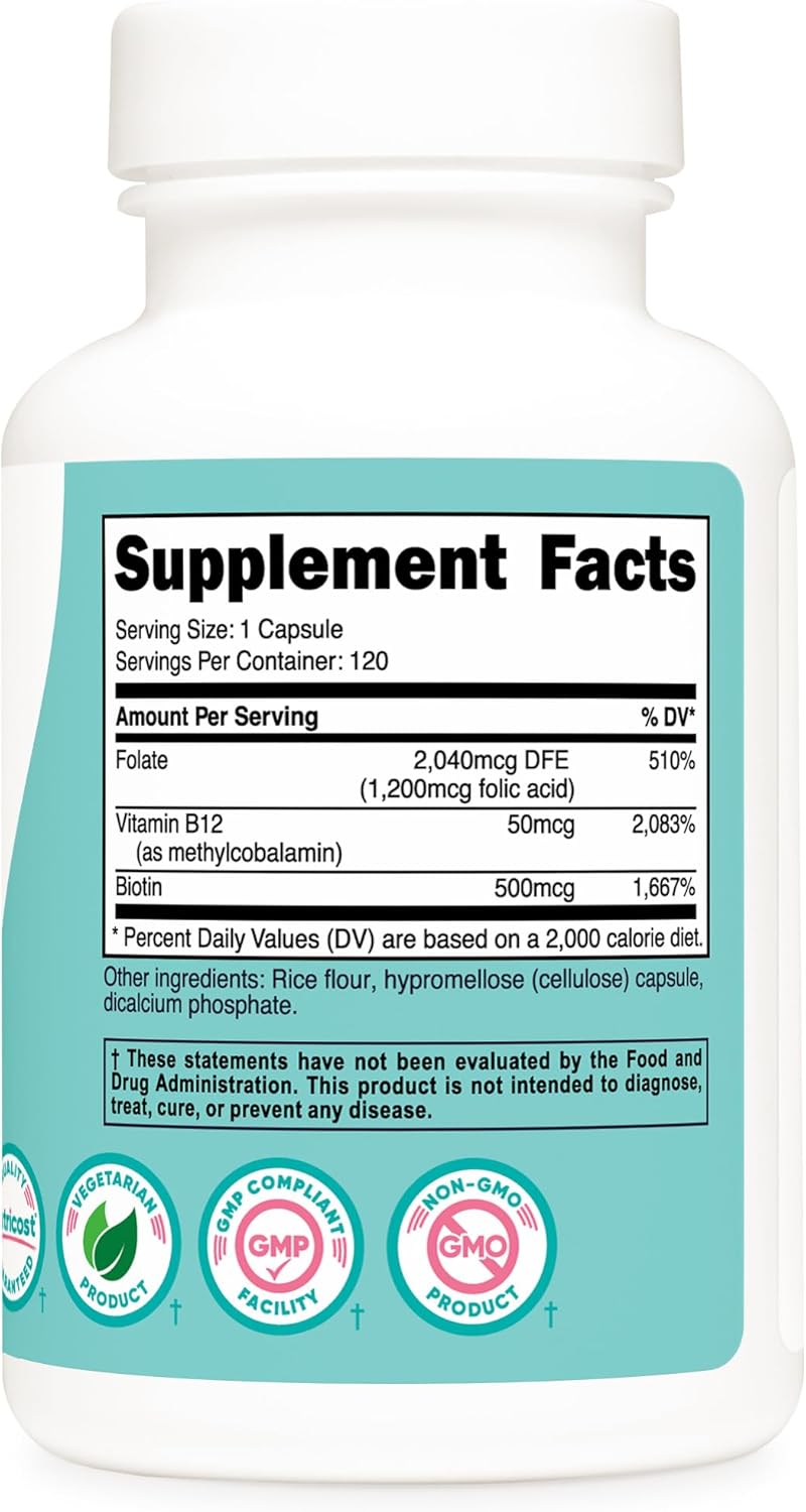 Folic Acid for Women 1200 mcg Capsules with B12 & Biotin - Non-GMO & Gluten Free Veggie Caps
