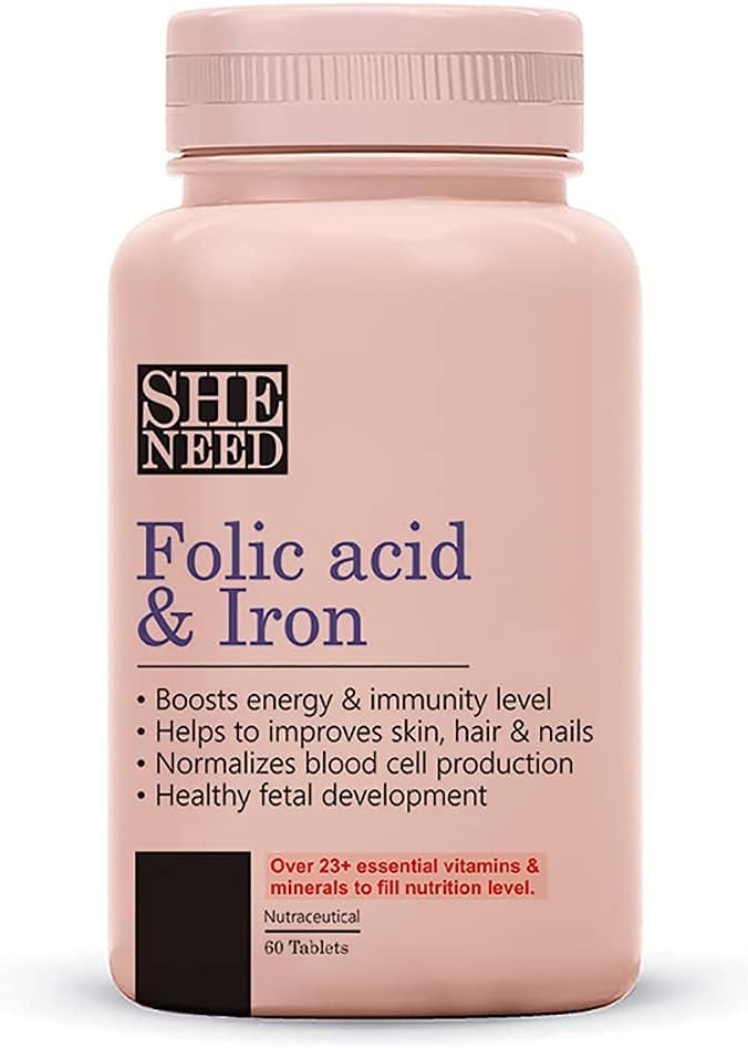 Folic Acid & Iron Supplements for Pregnancy Support, Hair Fall Reduction - Vegan - 60 Tablets for Men & Women