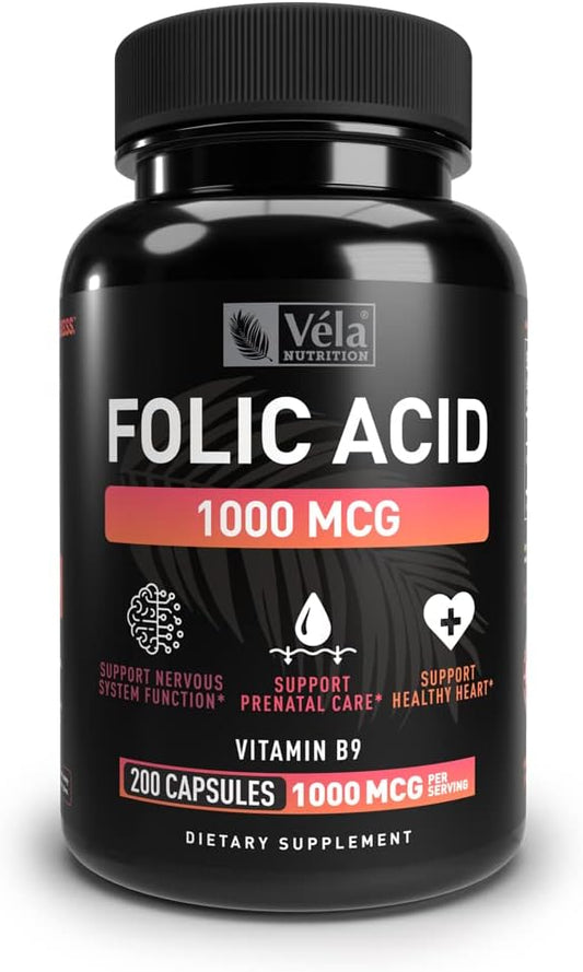 Folic Acid Supplement 1,000 mcg - 200 Capsules for Heart & Prenatal Support - Non-GMO, Third Party Tested