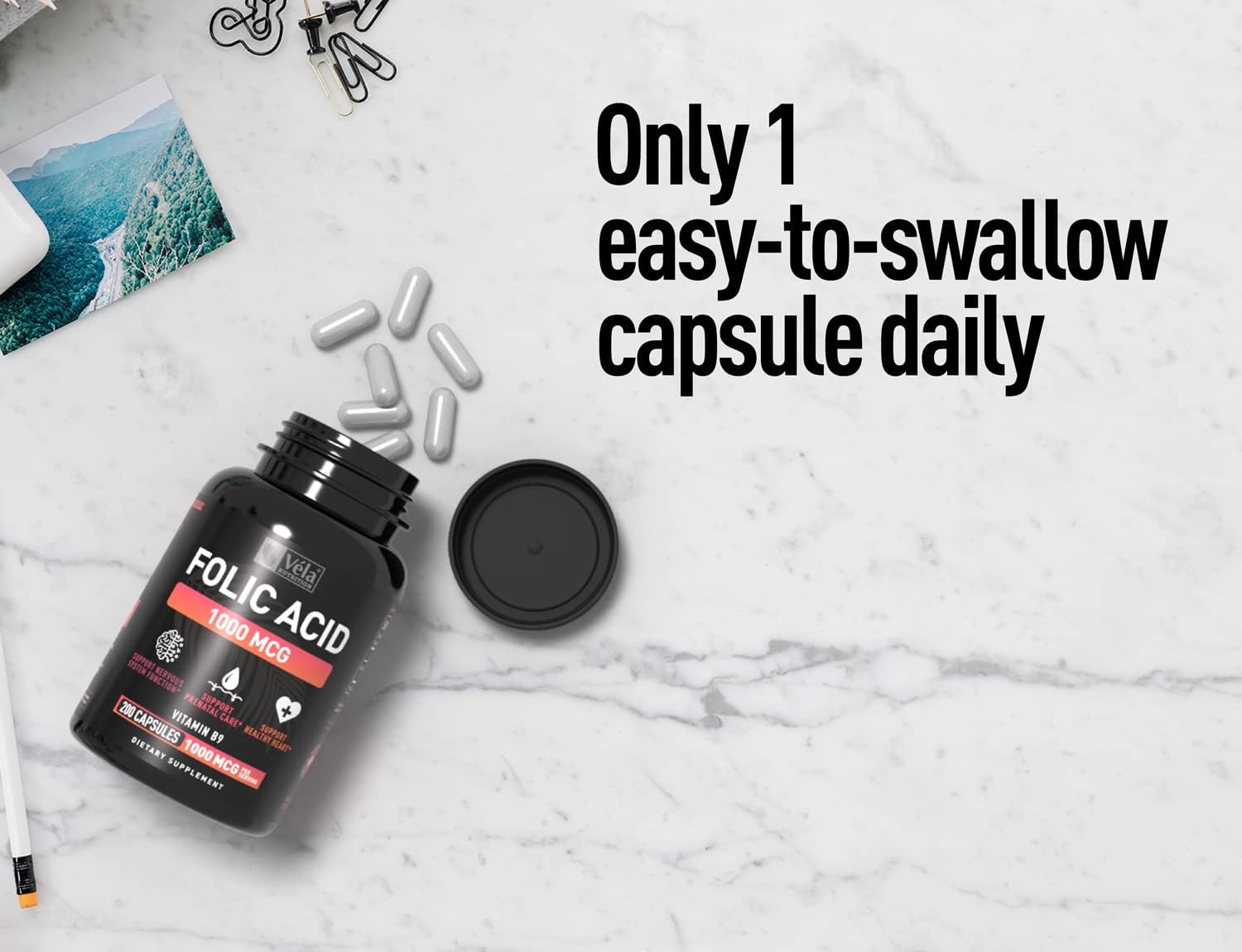 Folic Acid Supplement 1,000 mcg - 200 Capsules for Heart & Prenatal Support - Non-GMO, Third Party Tested