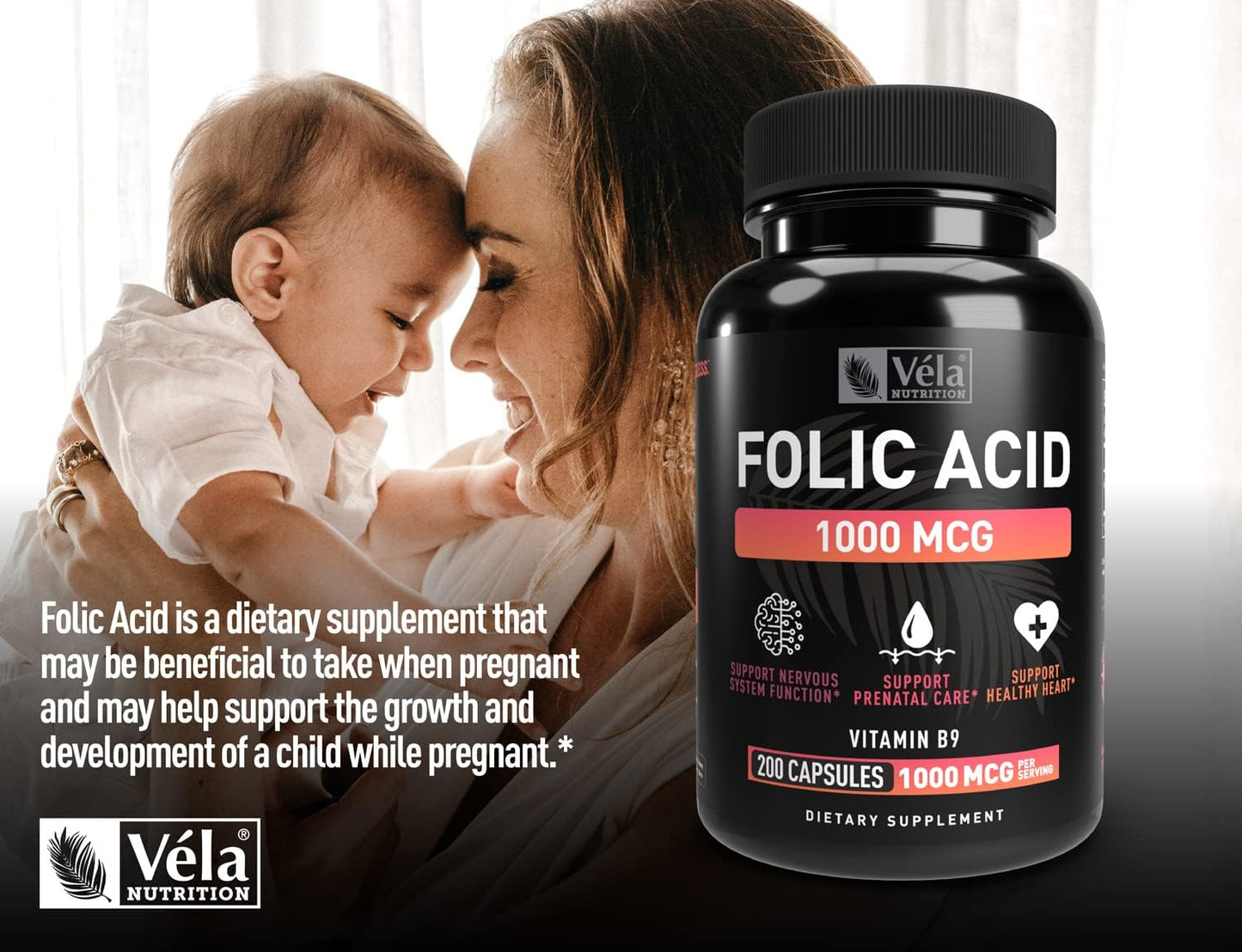 Folic Acid Supplement 1,000 mcg - 200 Capsules for Heart & Prenatal Support - Non-GMO, Third Party Tested