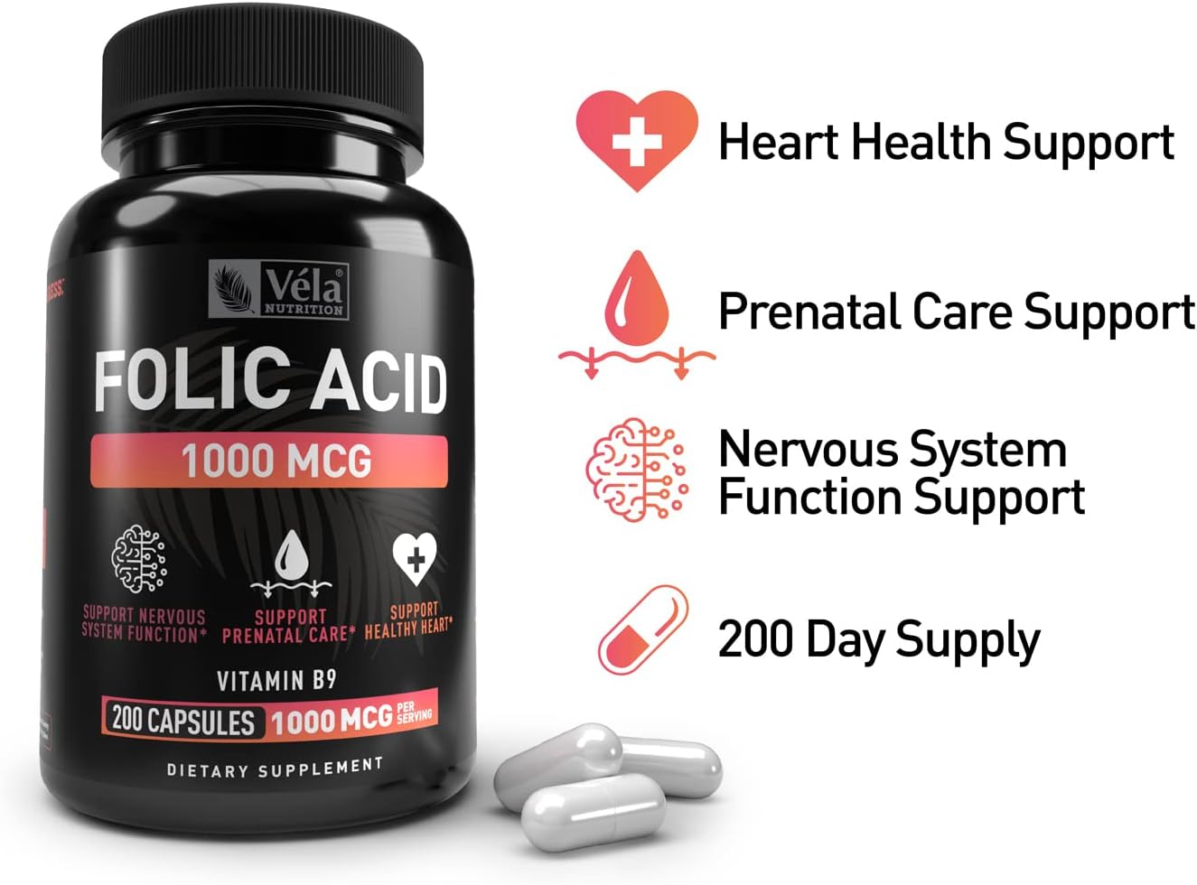 Folic Acid Supplement 1,000 mcg - 200 Capsules for Heart & Prenatal Support - Non-GMO, Third Party Tested