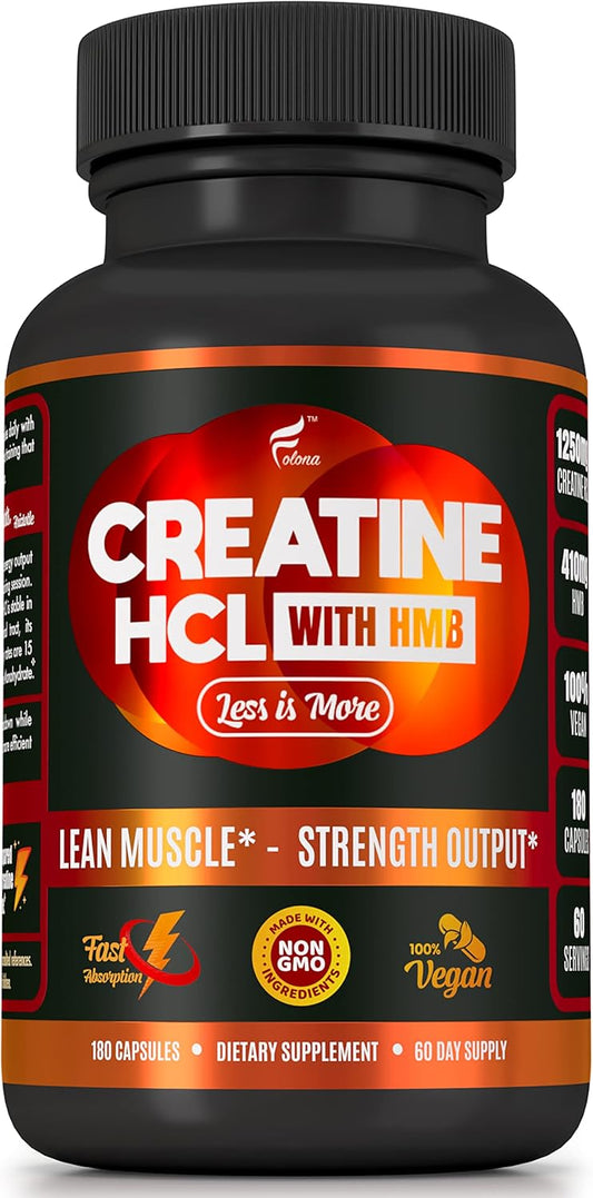 FOLONA Creatine HCL Capsules with HMB - Muscle Builder for Men & Women, Enhanced Endurance & Strength - 180 Vegan Capsules for Maximum Absorption & No Bloating