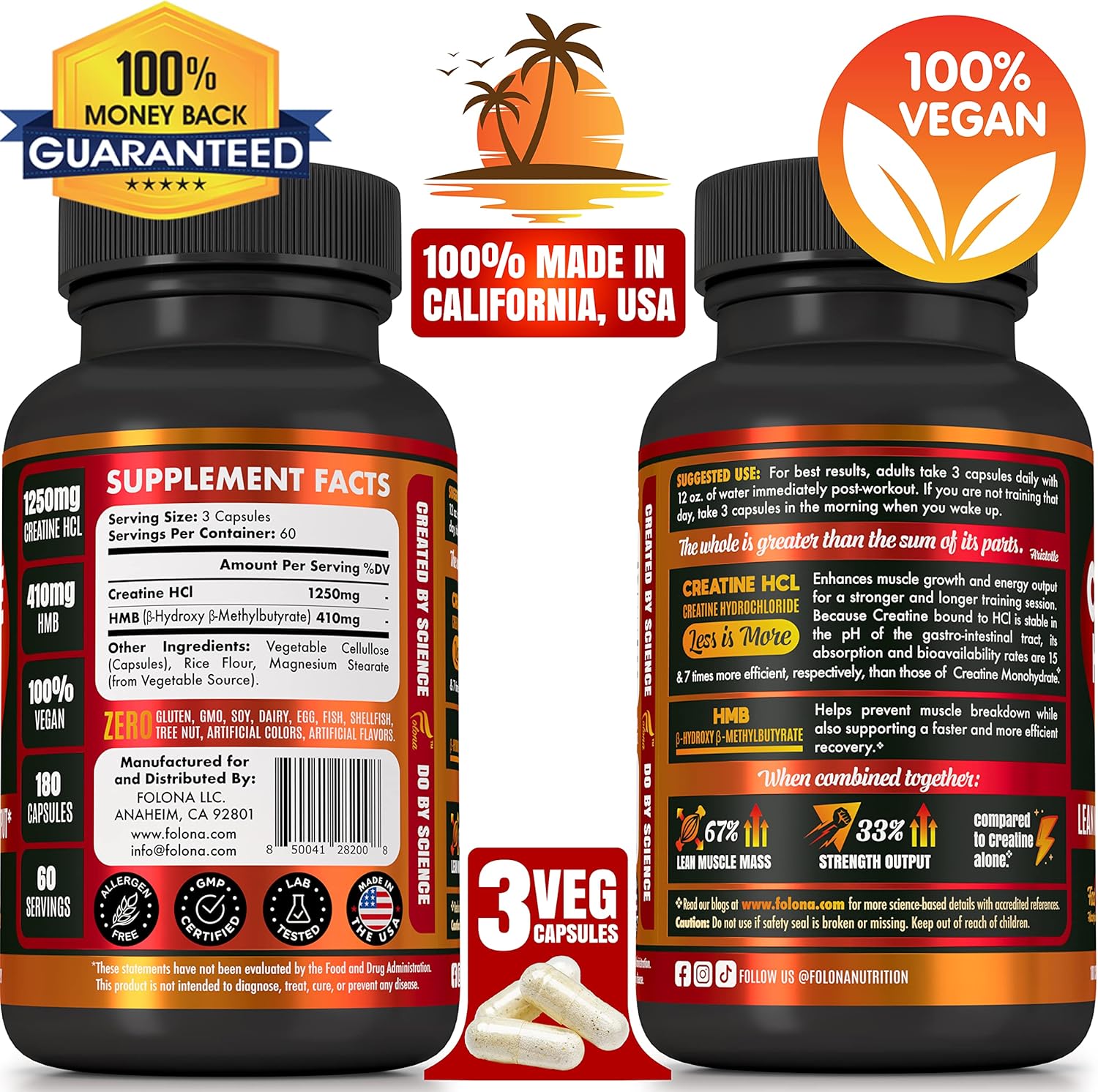 FOLONA Creatine HCL Capsules with HMB - Muscle Builder for Men & Women, Enhanced Endurance & Strength - 180 Vegan Capsules for Maximum Absorption & No Bloating