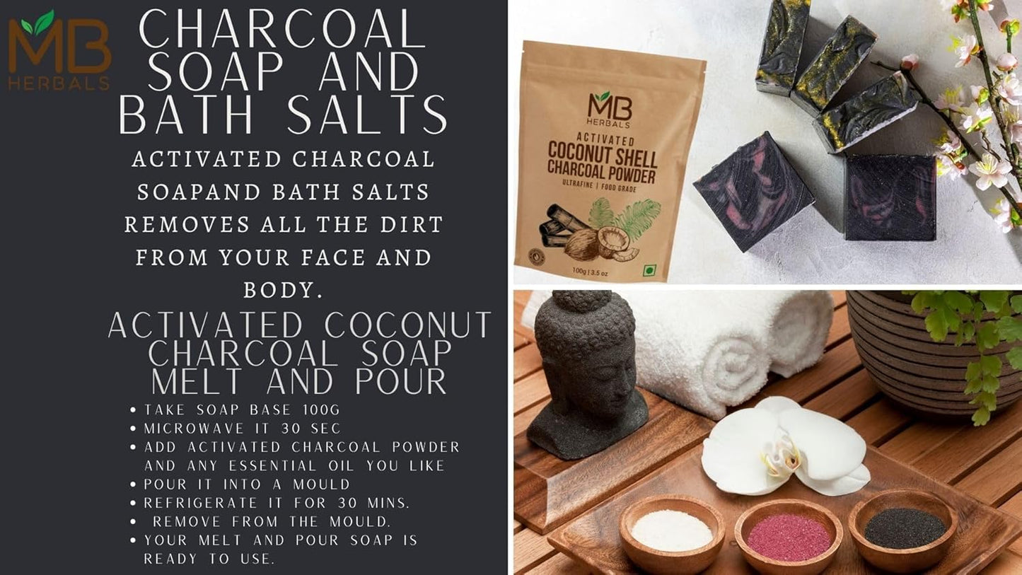 Food Grade Coconut Charcoal Powder for Detox, Face Packs, Masks, Soap Making, Toothpowder - 3.5 oz (100g) by MB Herbals