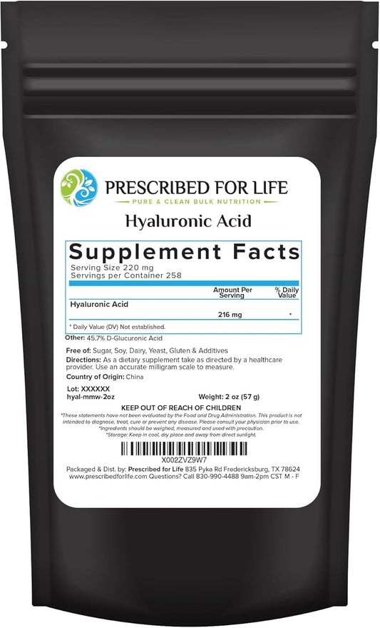 Food Grade Hyaluronic Acid Powder Supplement, Medium Molecular Weight, 2oz / 56g
