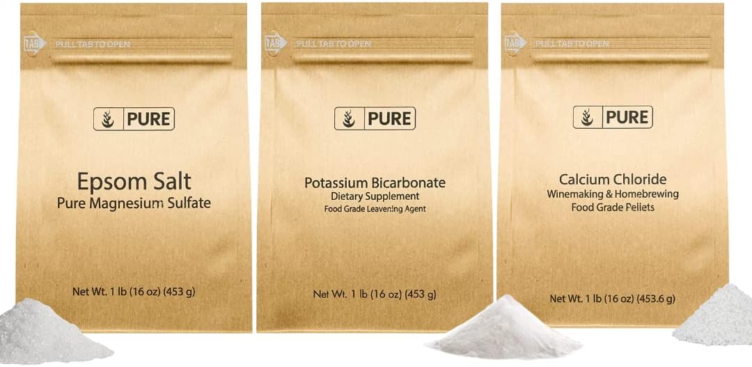 Food-Safe Bundle of Pure Potassium Bicarbonate, Calcium Chloride, & Epsom Salt (1lb) - Ideal for Cooking, Cleaning, and More
