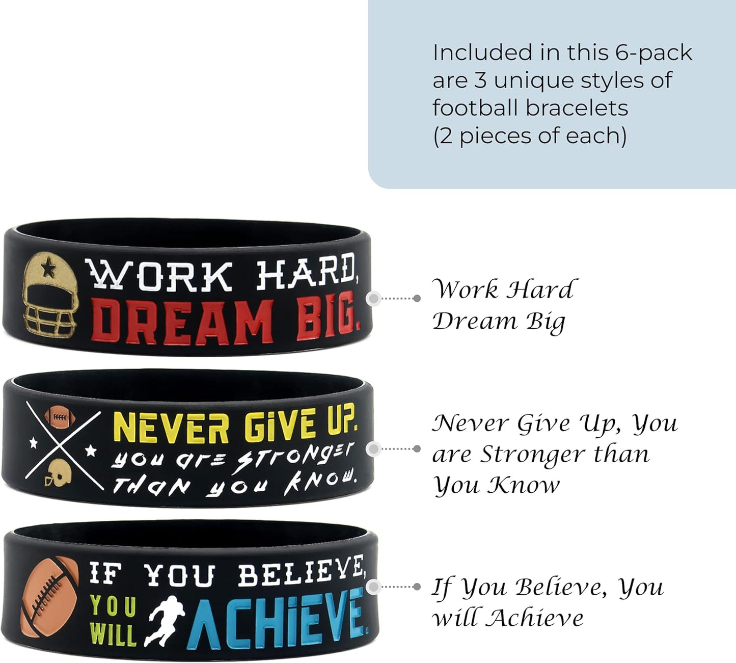 Football Motivational Wristbands Set (6-Pack) with Sports Quotes - Football Gifts for Players - Unisex Accessories for Men, Women, Youth, Teen Girls, Boys - Team Awards & Party Favors