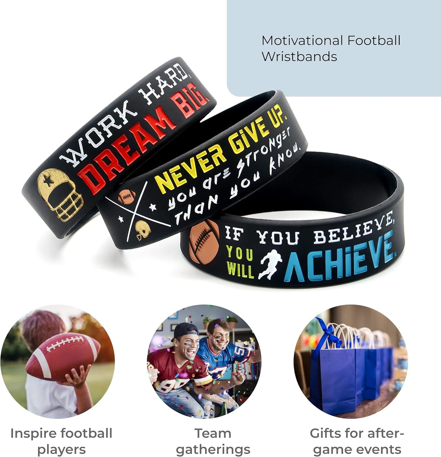 Football Motivational Wristbands Set (6-Pack) with Sports Quotes - Football Gifts for Players - Unisex Accessories for Men, Women, Youth, Teen Girls, Boys - Team Awards & Party Favors