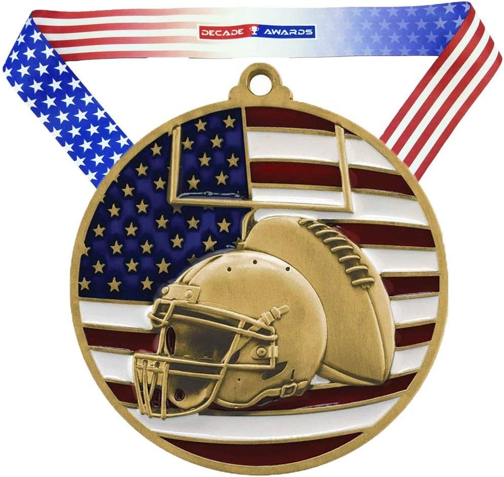 Football Patriotic Medal with American Flag Ribbon - 2.75 Inch Wide Gridiron Medallion for Sports Awards
