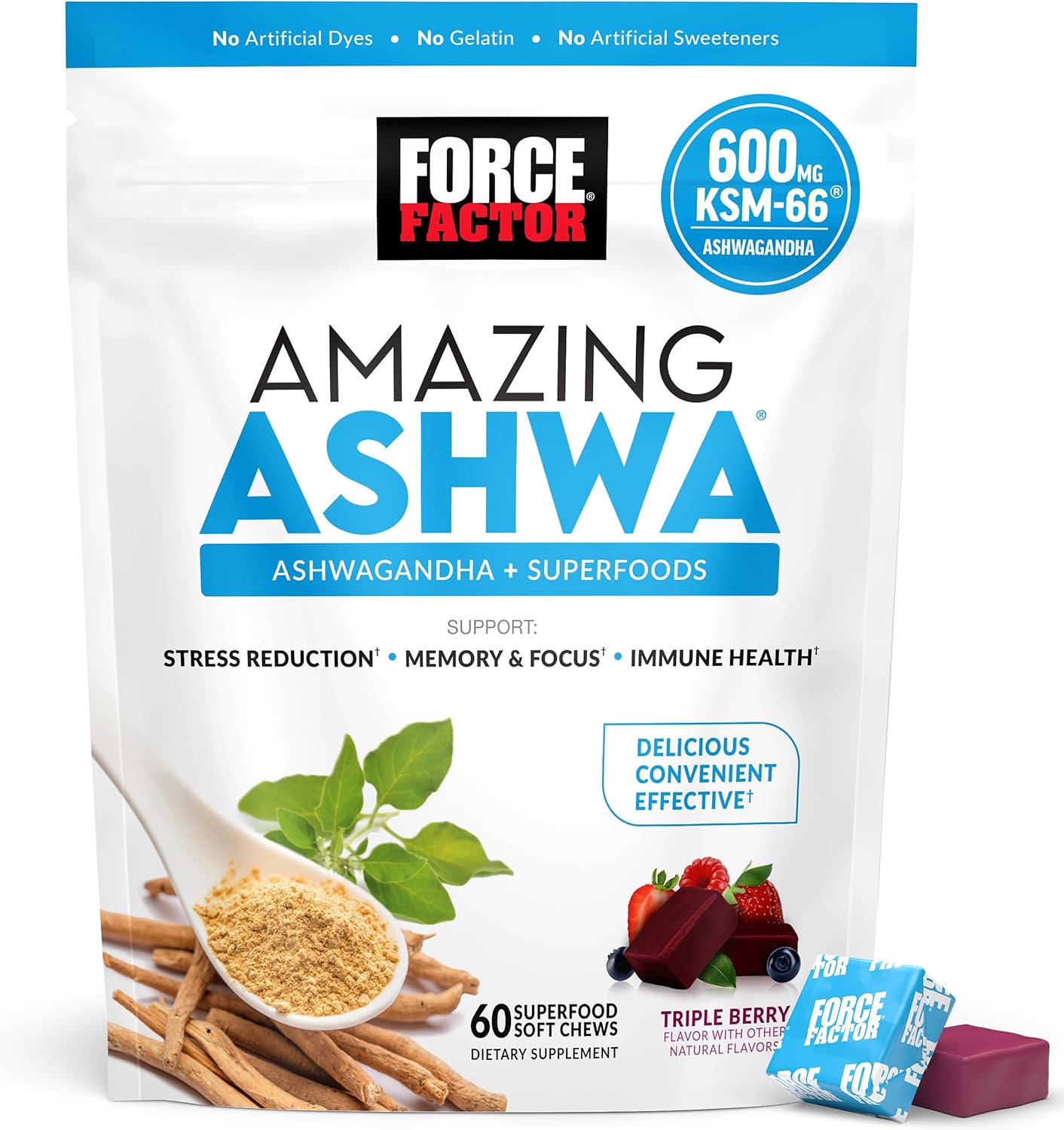 Force Factor Amazing Ashwa Soft Chews with KSM-66 Ashwagandha for Stress Relief, Memory, Focus, and Immune Support