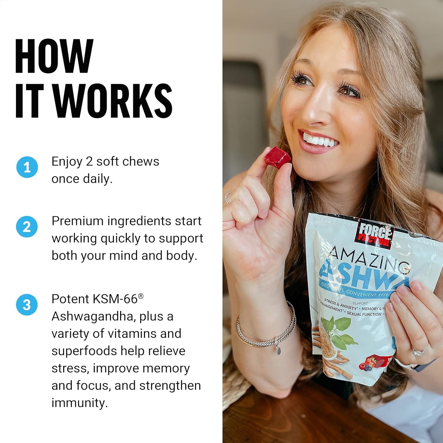 Force Factor Amazing Ashwa Soft Chews with KSM-66 Ashwagandha for Stress Relief, Memory, Focus, and Immune Support