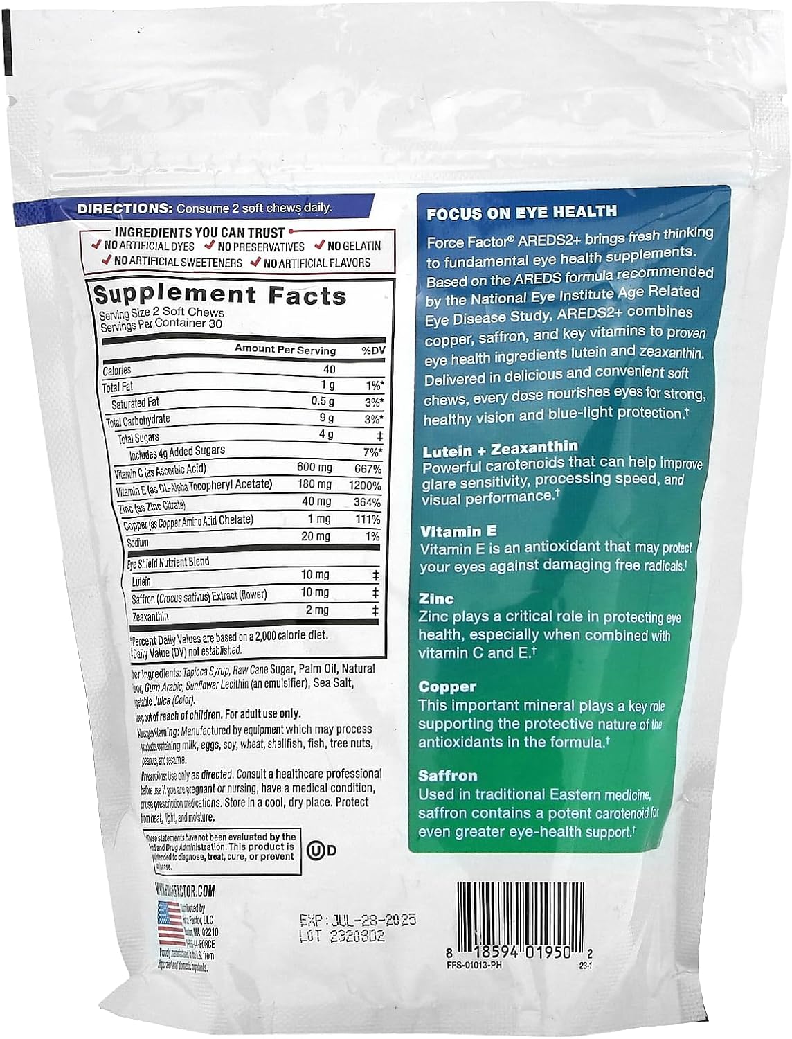 FORCE FACTOR AREDS2+ Eye Vitamins with Lutein & Zeaxanthin, Macular Carotenoids Support, Eye Health Supplements for Adults, Tropical Punch Flavor, 60 Soft Chews