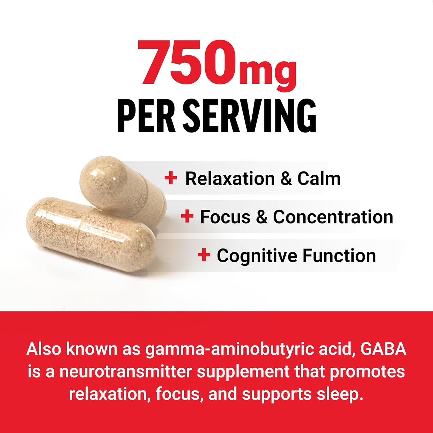 Force Factor GABA 750mg Capsules - Vegan & Non-GMO Supplement for Calm, Relaxation, Sleep, and Focus with Neurotransmitter Support - 100 Capsules