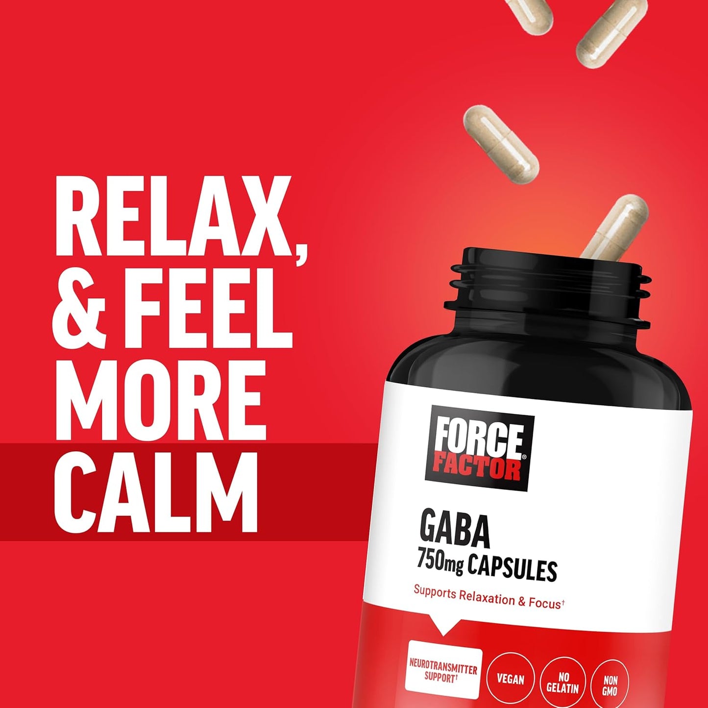 Force Factor GABA 750mg Capsules - Vegan & Non-GMO Supplement for Calm, Relaxation, Sleep, and Focus with Neurotransmitter Support - 100 Capsules