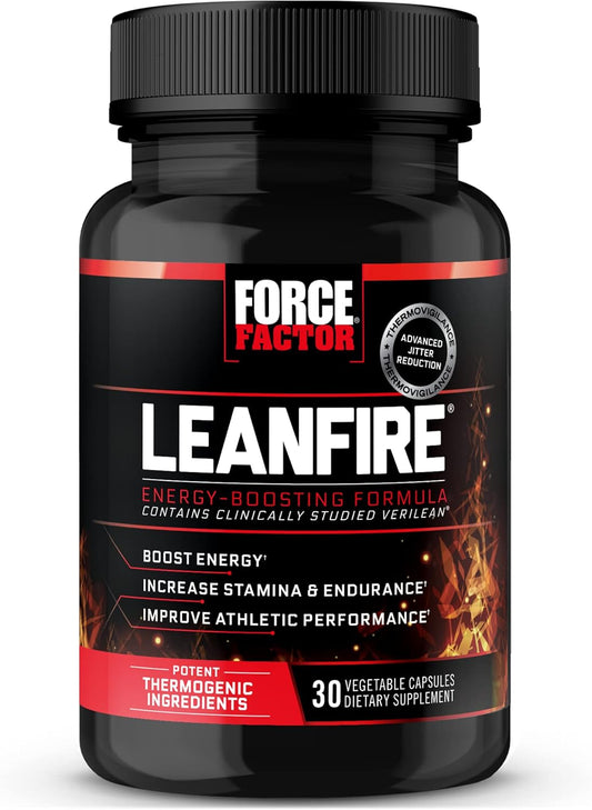 Force Factor LeanFire Pre Workout Energy Pills - Green Tea Extract, Caffeine - Boost Energy, Build Lean Muscle - 30 Count, Black, Package Varies