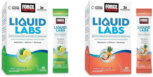 FORCE FACTOR Liquid Labs Electrolytes Powder Bundle: Hydration Packets with Vitamins, Minerals, Antioxidants - Lemon-Lime & Tropical Fruit Flavors, 40 Stick Packs