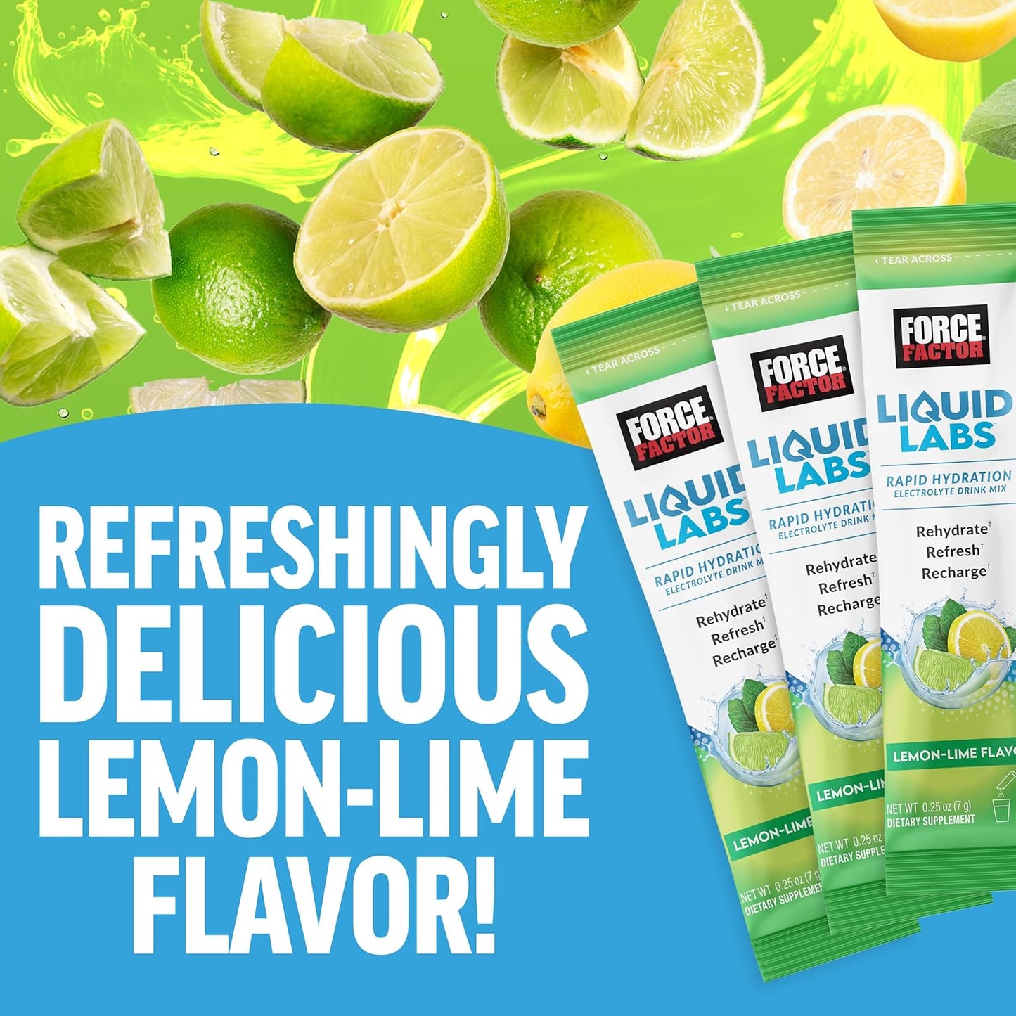 FORCE FACTOR Liquid Labs Electrolytes Powder Packets - Lemon Lime Flavor - Hydration Packets with Essential Electrolytes, Vitamins, Minerals, and Antioxidants - 20 Stick Packs for Electrolyte Water