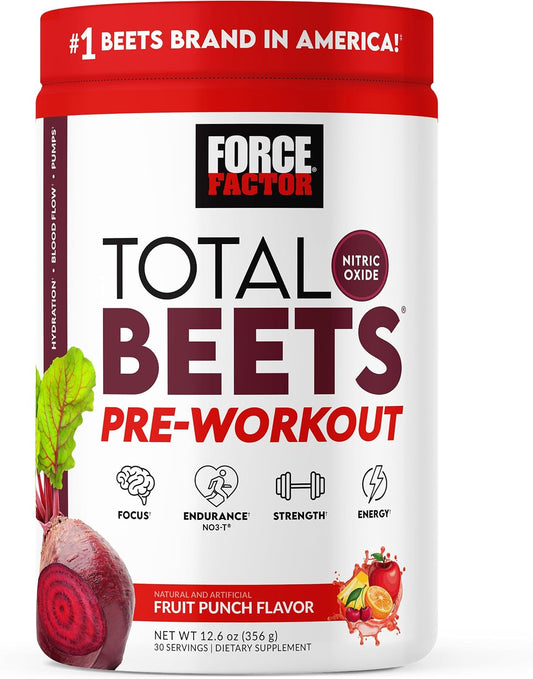 FORCE FACTOR Total Beets Pre-Workout Powder - Boost Energy, Endurance, Strength - Nitric Oxide Supplement with Beet Root Powder - Fruit Punch - 30 Servings