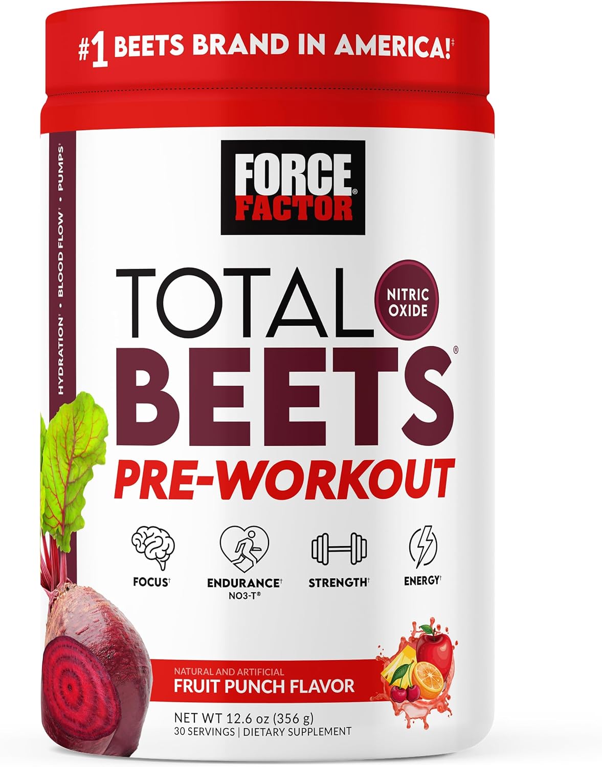 FORCE FACTOR Total Beets Pre-Workout Powder - Boost Energy, Endurance, Strength - Nitric Oxide Supplement with Beet Root Powder - Fruit Punch - 30 Servings