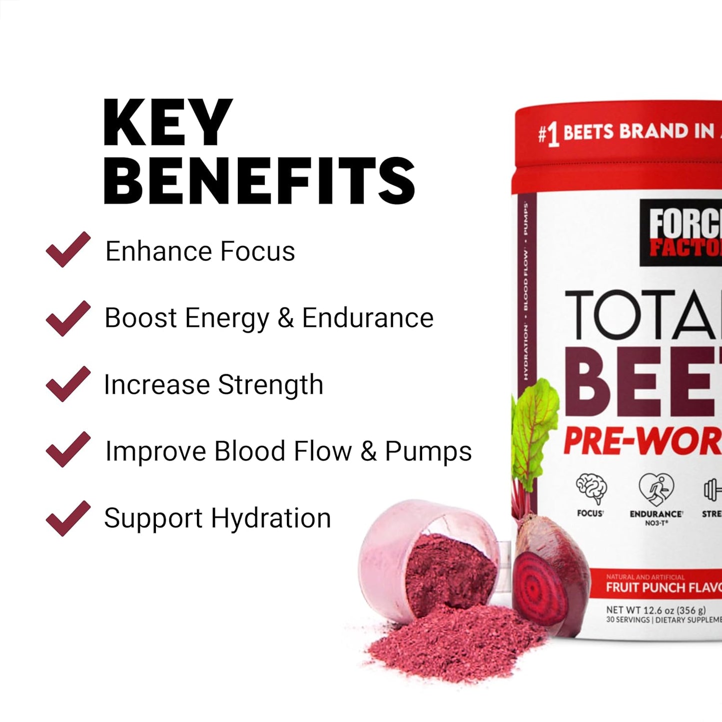FORCE FACTOR Total Beets Pre-Workout Powder - Boost Energy, Endurance, Strength - Nitric Oxide Supplement with Beet Root Powder - Fruit Punch - 30 Servings