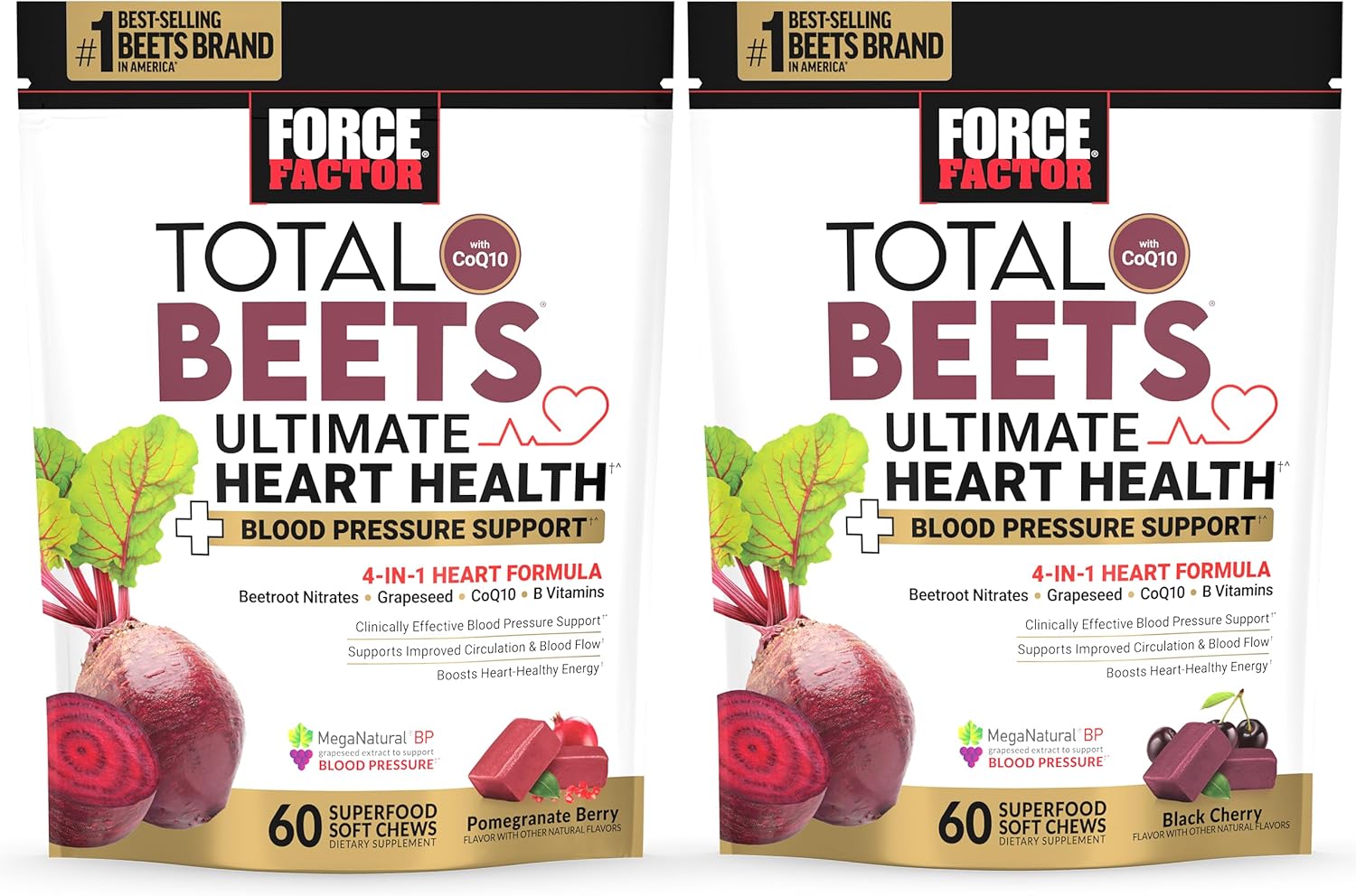 Force Factor Total Beets Ultimate Heart Health Bundle - Blood Pressure Support Chews with CoQ10, Beet Root Powder, Grape Seed Extract - 120 Soft Chews