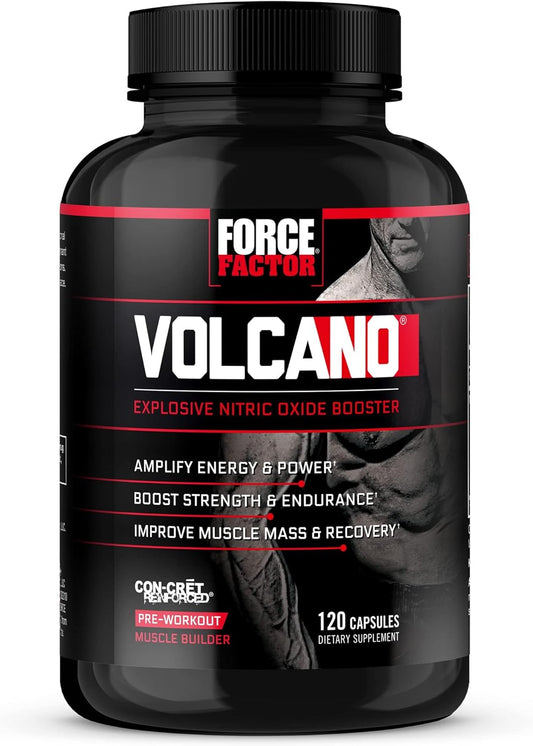 Force Factor Volcano Pre-Workout Supplement for Men - Nitric Oxide Booster with Creatine and L-Citrulline - Enhance Energy, Muscle Building, Pump, and Workouts - 120 Capsules