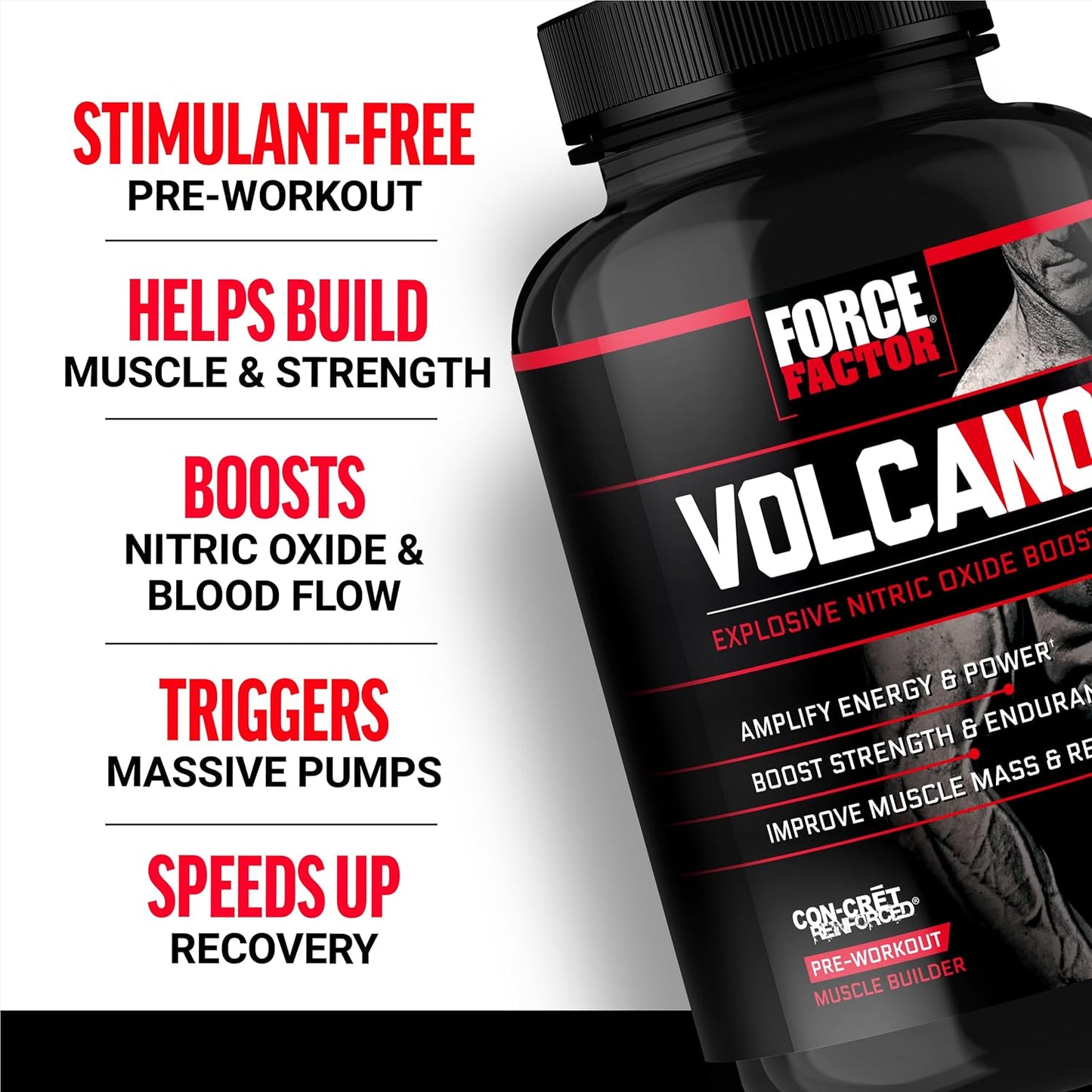 Force Factor Volcano Pre-Workout Supplement for Men - Nitric Oxide Booster with Creatine and L-Citrulline - Enhance Energy, Muscle Building, Pump, and Workouts - 120 Capsules