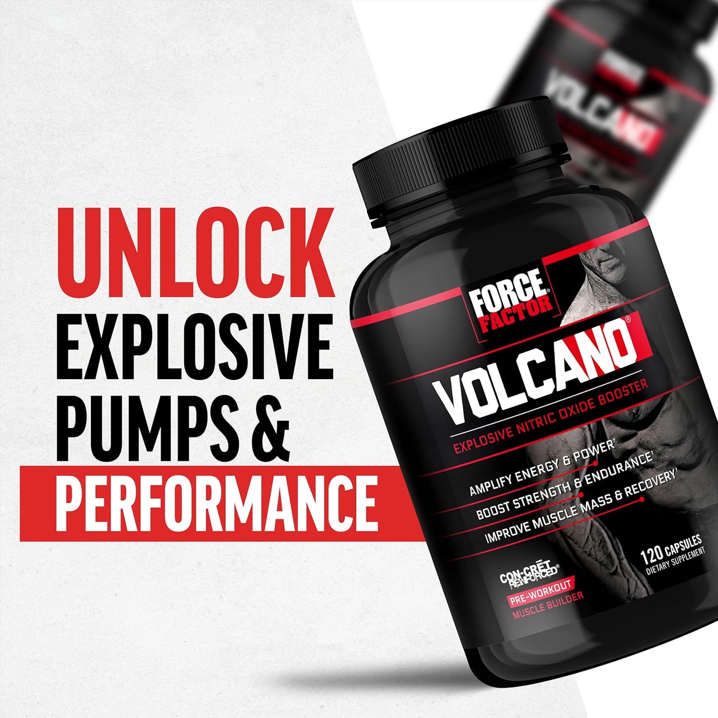 Force Factor Volcano Pre-Workout Supplement for Men - Nitric Oxide Booster with Creatine and L-Citrulline - Enhance Energy, Muscle Building, Pump, and Workouts - 120 Capsules