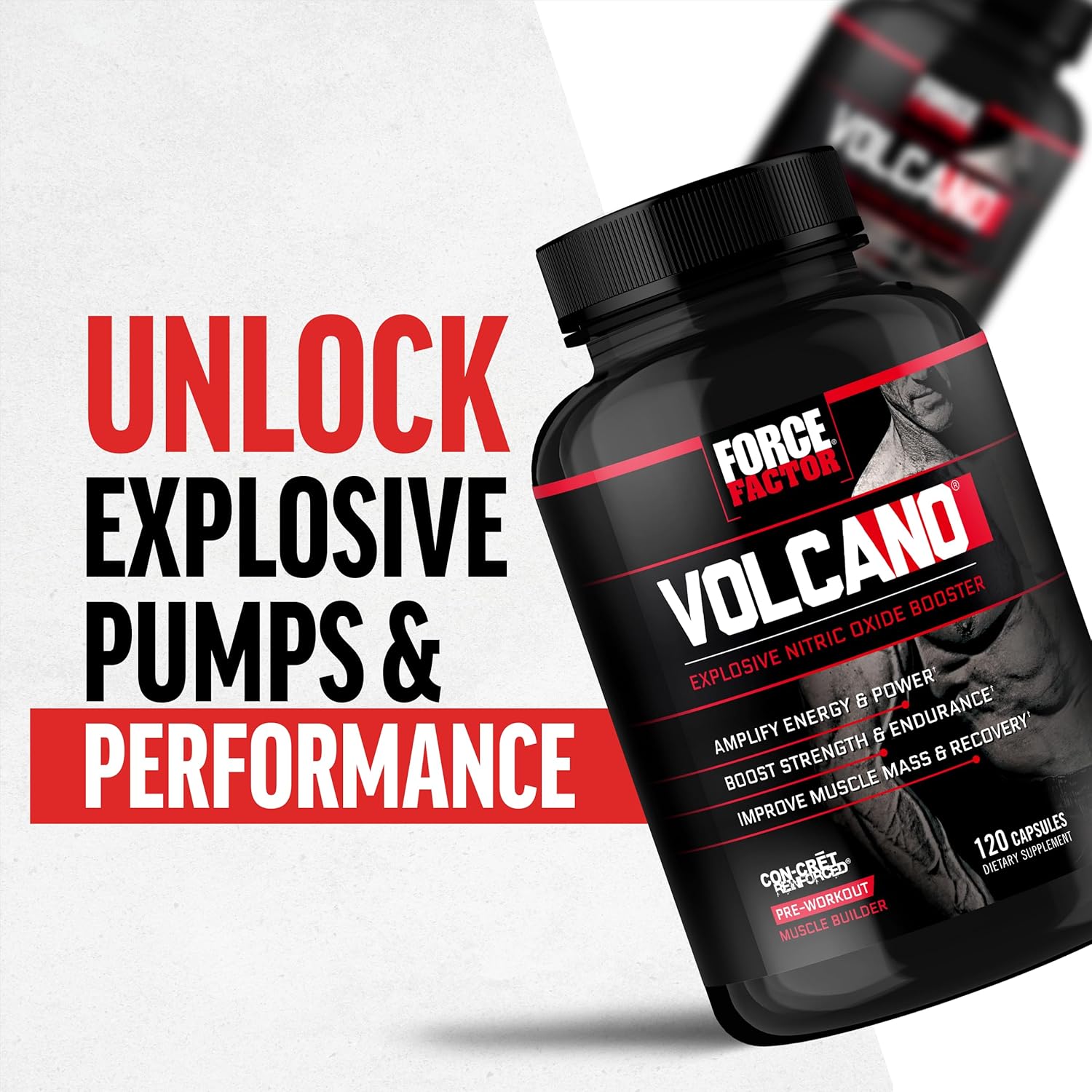 Force Factor Volcano Pre-Workout Supplement for Men - Nitric Oxide Booster with Creatine and L-Citrulline - Enhance Energy, Muscle Building, Pump, and Workouts - 120 Capsules