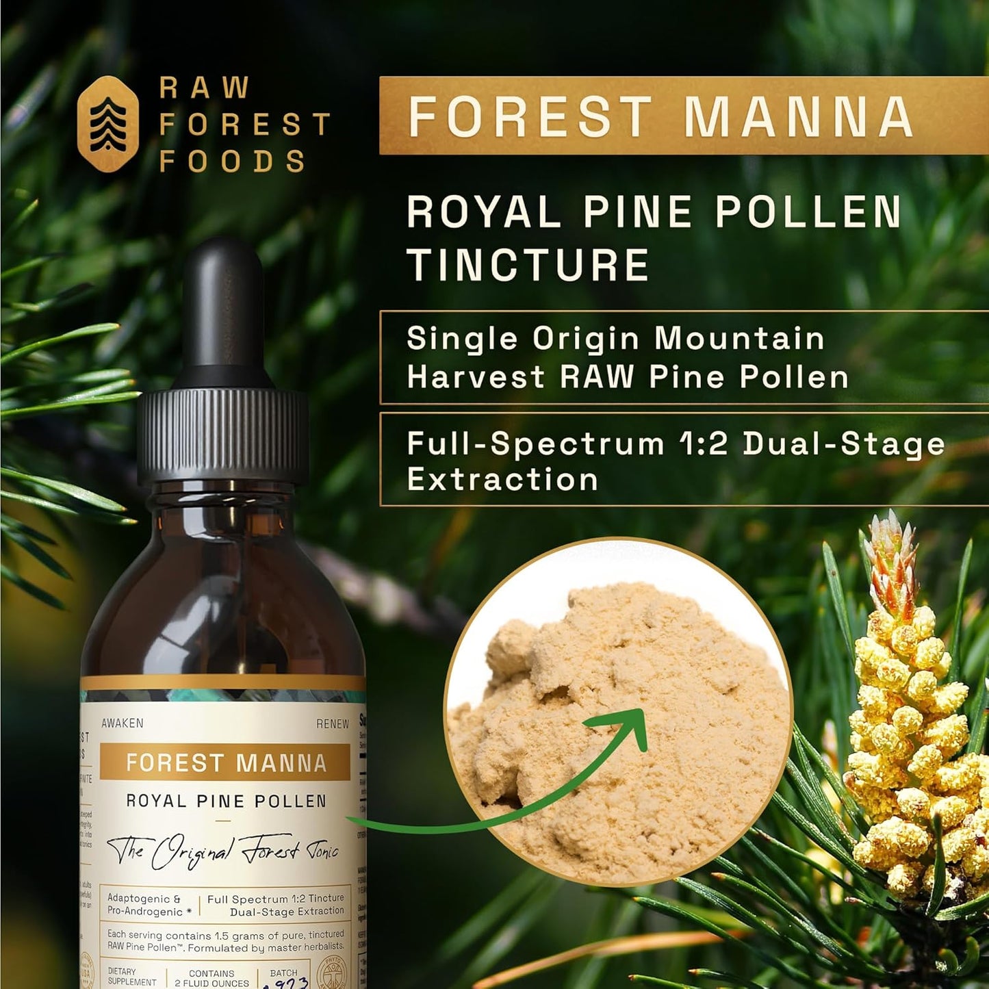 Forest Manna Royal Pine Pollen Tincture - 1:2 Dual-Stage Extraction - 4oz Bottle of Pure RAW Pine Pollen Tincture