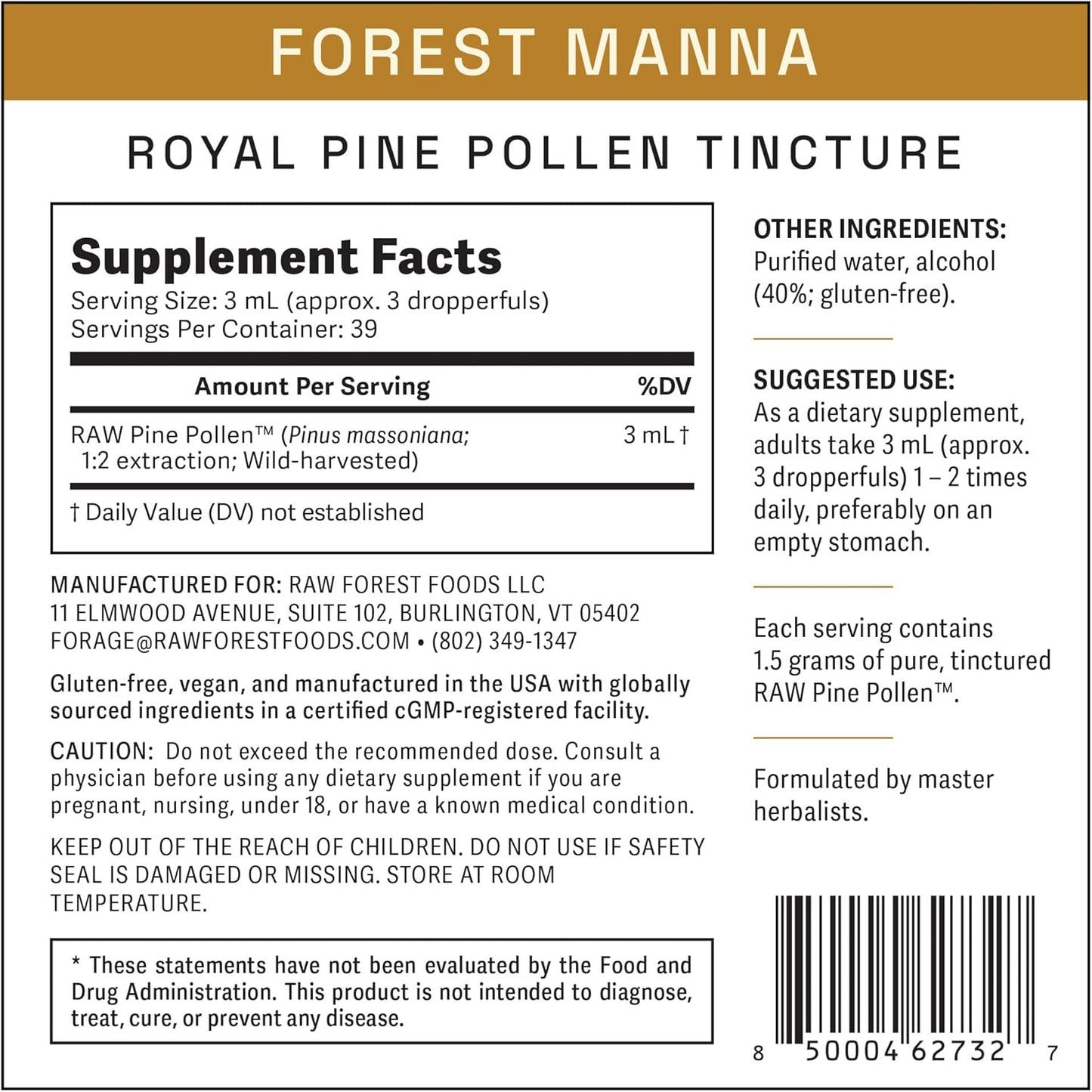 Forest Manna Royal Pine Pollen Tincture - 1:2 Dual-Stage Extraction - 4oz Bottle of Pure RAW Pine Pollen Tincture