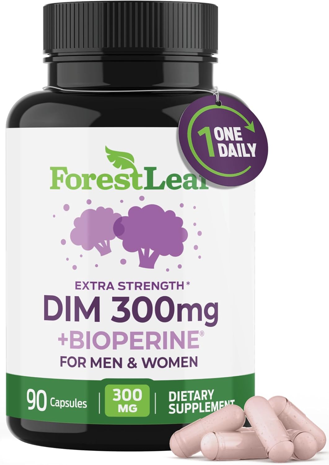 ForestLeaf DIM 300mg Capsules with BioPerine - Diindolylmethane for Metabolism Balance, Detox, Menopause Relief - High Absorption Supplement for Women & Men (90 Capsules)